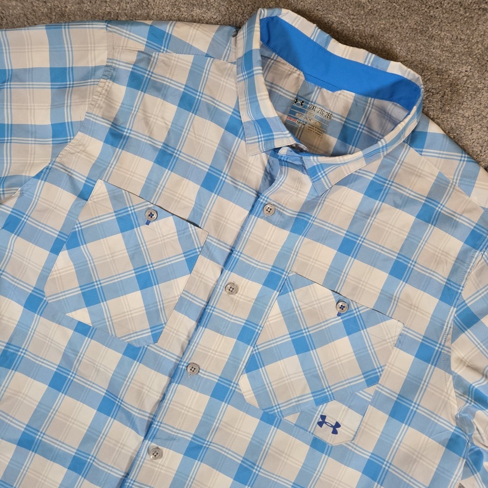 Under Armour Blue Plaid Short Sleeve Vented Button Up Fishing Shirt Mens 2XL